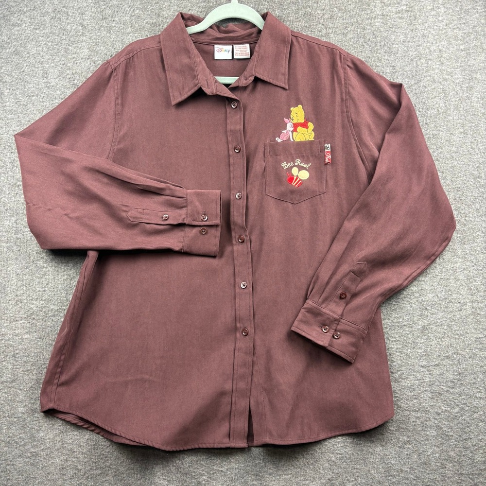 Disney Winnie the Pooh Bee Real Embroidered Button Up Shirt XL Brown Long Sleeve